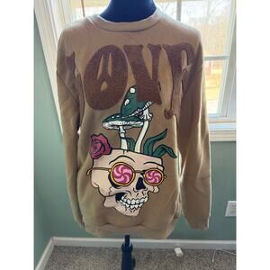 Reason Love Hate Mushroom Skull Chenille Sweatshirt Size M Tan Streetwear